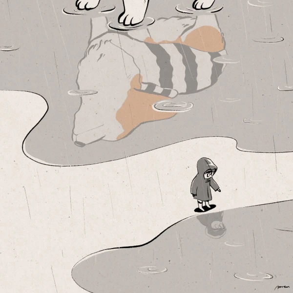 Illustration of a corgi, reflected in a puddle, and a tiny boy, standing at the edge of puddle. Both are wearing raincoats