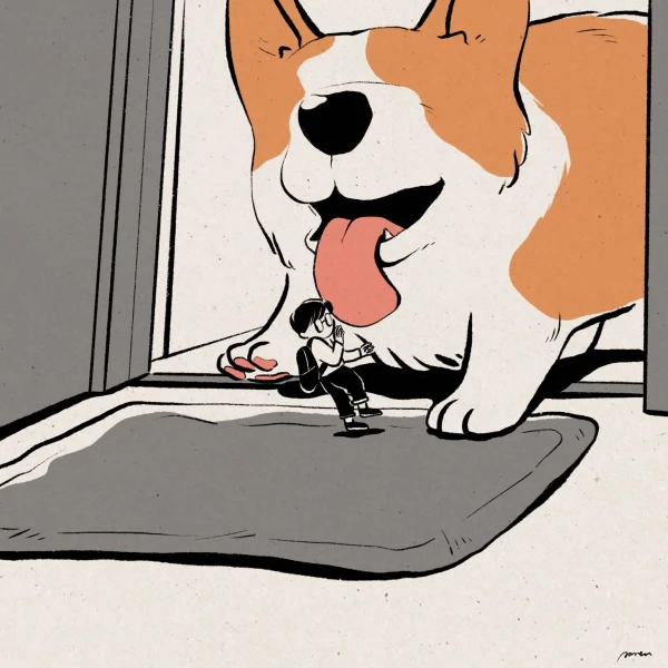 Illustration of a corgi at the front door, and licking a tiny schoolboy