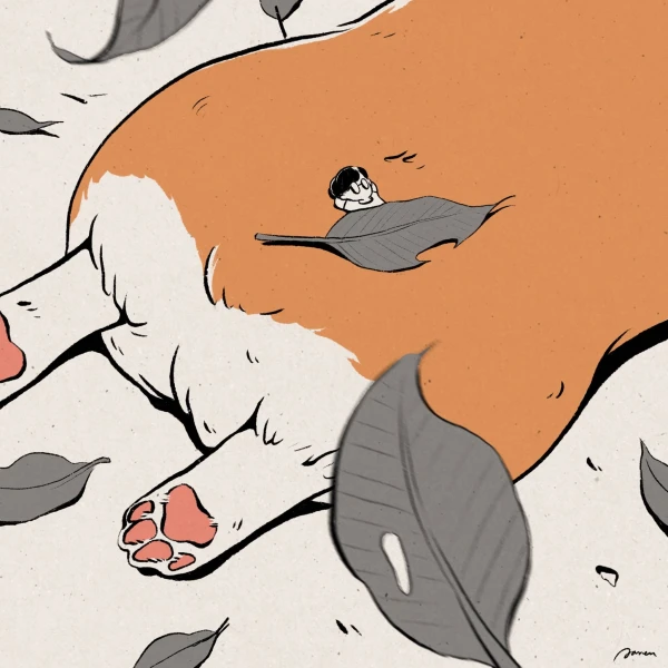 Illustration of a corgi splooting and leaves are falling and a small boy is napping on the dog, underneath a leaf