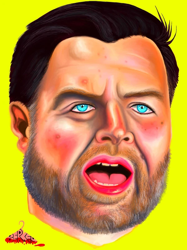 Illustration of JD Vance on a bright yellow background, with his mouth open and looking uncanny.. Illustration by Alison Berkey, Portrait, 