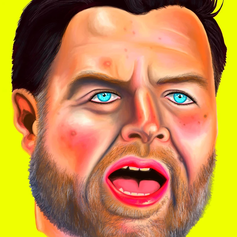 Illustration of JD Vance on a bright yellow background, with his mouth open and looking uncanny.. Illustration by Alison Berkey, Portrait, 