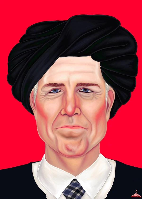 Portrait of Supreme Court justice Gorsuch wearing a Taliban-esque turban. Illustration by Alison Berkey, Conceptual, Portrait, 