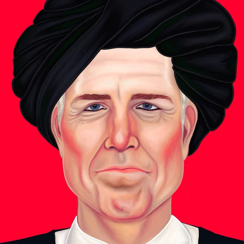 Portrait of Supreme Court justice Gorsuch wearing a Taliban-esque turban. Illustration by Alison Berkey, Conceptual, Portrait, 