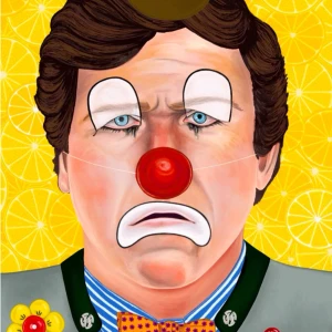 Portrait of Tucker Carlson wearing clown make-up and a German WWII-era uniform, while crying and frowning. Illustration by Alison Berkey, Portrait, 