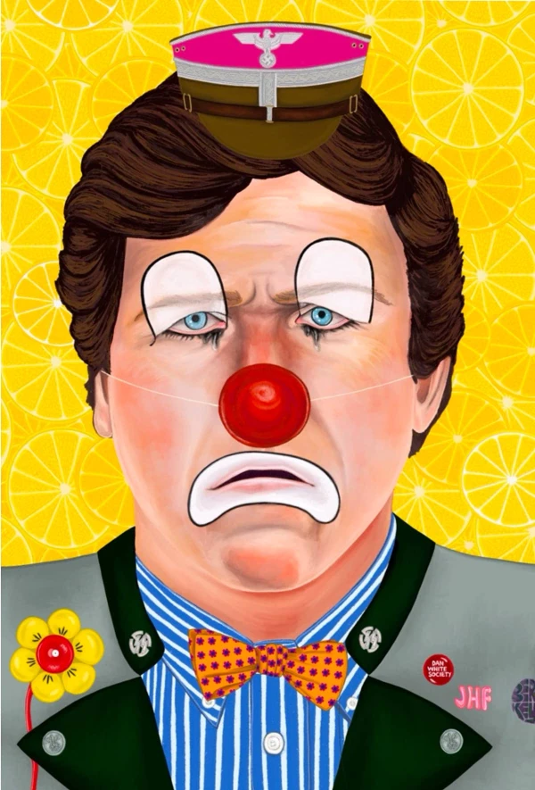 Portrait of Tucker Carlson wearing clown make-up and a German WWII-era uniform, while crying and frowning