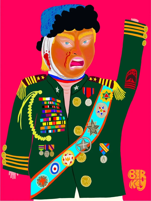 Satirical illustration of Trump yelling and wavy his tiny hand while wearing an highly festooned military jacket.