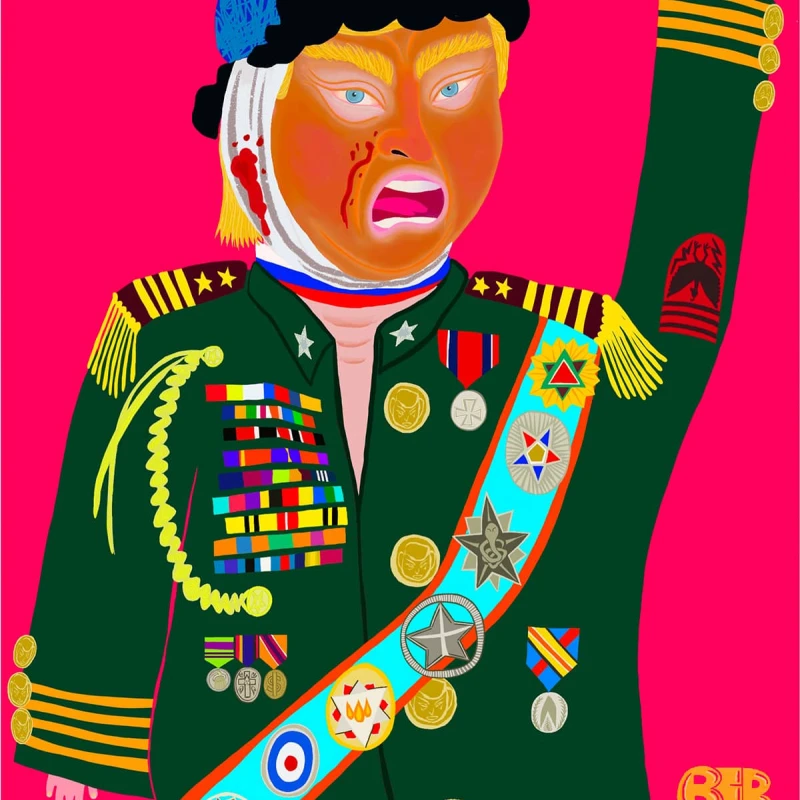 Satirical illustration of Trump yelling and wavy his tiny hand while wearing an highly festooned military jacket.. Illustration by Alison Berkey, Portrait, 