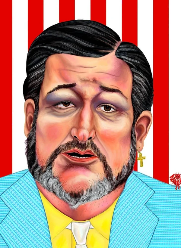 Satirical portrait of Senator Ted Cruz, wearing a cross earring and the background is red and white stripes. Illustration by Alison Berkey, Portrait, 