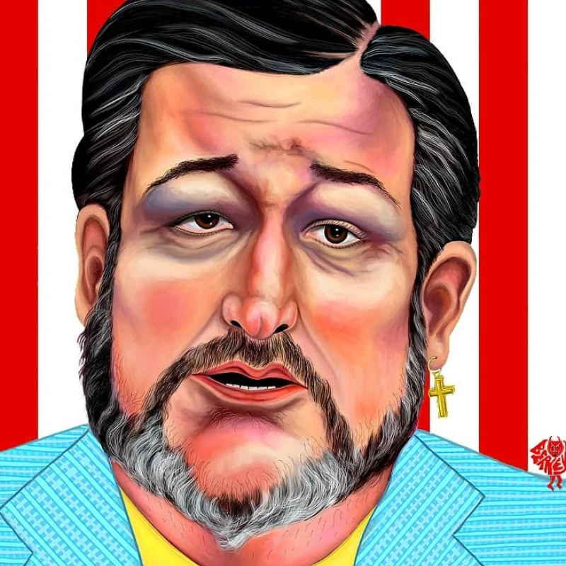 Satirical portrait of Senator Ted Cruz, wearing a cross earring and the background is red and white stripes. Illustration by Alison Berkey, Portrait, 