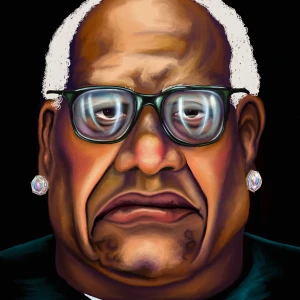 Illustration of Supreme Court justice Clarence Thomas, looking grim and wearing large diamond earrings. Illustration by Alison Berkey, Portrait, 