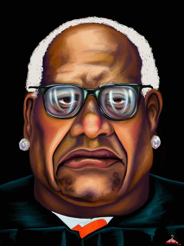 Illustration of Supreme Court justice Clarence Thomas, looking grim and wearing large diamond earrings