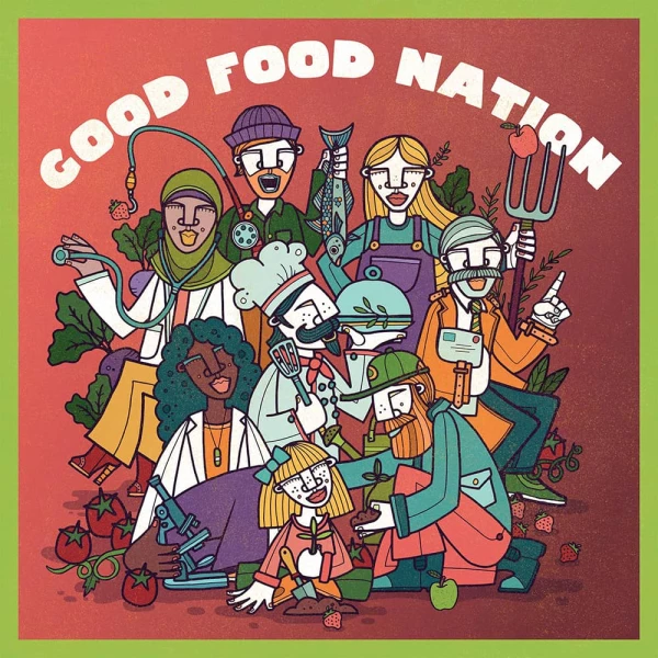 Illustration of a group of people with occupations including fisherman, farmer, scientist, chef with different foods.