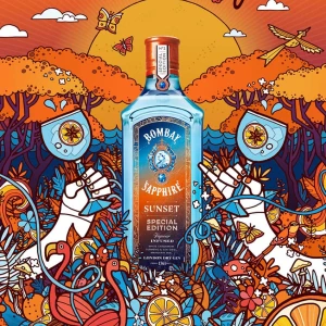 Illustration of two hands drinking cocktails admist flora and fauna, advertising Bombay Sapphire Sunset gin. Tagline: Stir Creativity. Illustration by Allan Deas, Decorative, Whimsical, Food & Beverage, Lifestyle, Business, 