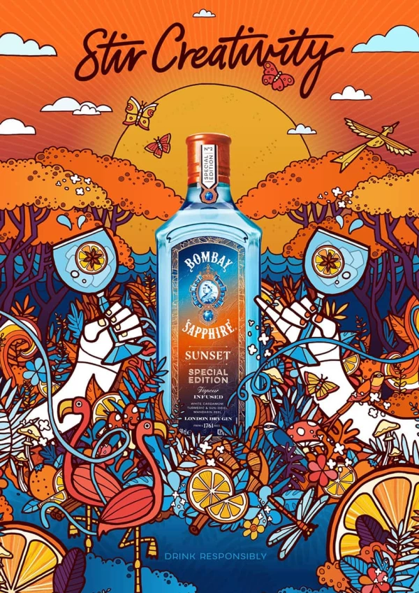 Illustration of two hands drinking cocktails admist flora and fauna, advertising Bombay Sapphire Sunset gin. Tagline: Stir Creativity