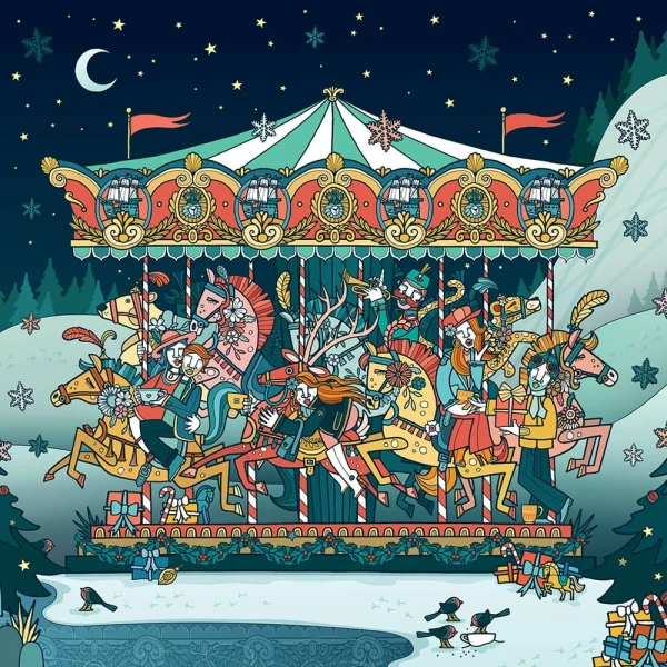 Illustration of a winter scene with an elaborate carousel.