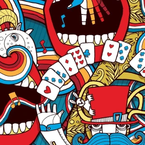 Brightly colored illustration with a magician with playing cards, musical instruments, open mouths and multicolored background. Illustration by Allan Deas, Whimsical, Decorative, 