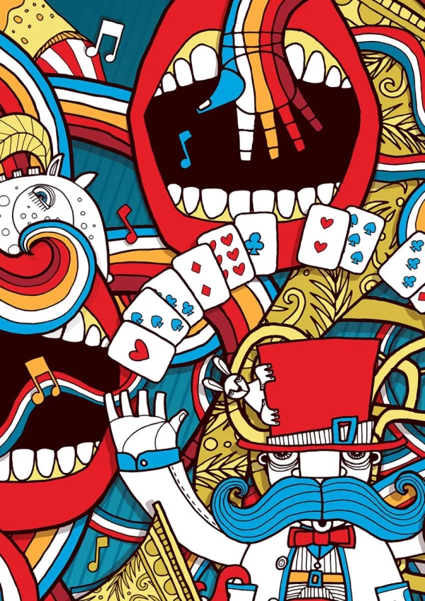 Brightly colored illustration with a magician with playing cards, musical instruments, open mouths and multicolored background