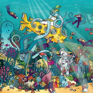 Illustration of a world under the ocean with a yellow submarine, giant octopus, sunken artifacts, coral and fish. Illustration by Allan Deas, Nature, Whimsical, Fantasy, Children, 