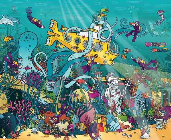 Illustration of a world under the ocean with a yellow submarine, giant octopus, sunken artifacts, coral and fish