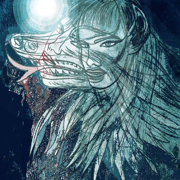 Illustration of a woman and a wolf, overlapping each other, with a moon in the background