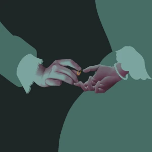 Graphic illustration of a man and a woman who are silhouetted, but their hands are rendered realistically and the man is passing a ring to the woman.. Illustration by Benedetta Vialli, Figurative, 