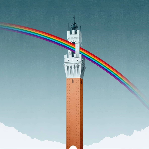 Illustration of a very tall tower with a rainbow shining through the top window