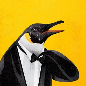 Illustration of a penguin dressed in a tuxedo and sweating profusely. Illustration by Benedetto Cristofani, Conceptual, Nature, Whimsical, 