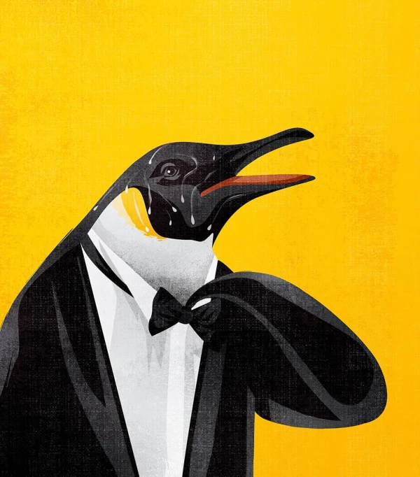 Illustration of a penguin dressed in a tuxedo and sweating profusely