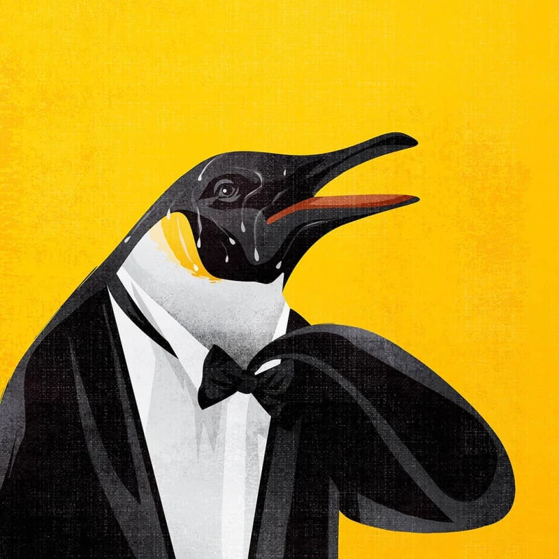 Illustration of a penguin dressed in a tuxedo and sweating profusely. Illustration by Benedetto Cristofani, Conceptual, Nature, Whimsical, 