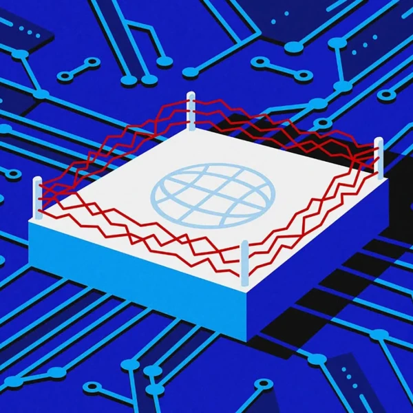 Graphic illustration of a microchip with a boxing ring at the center.