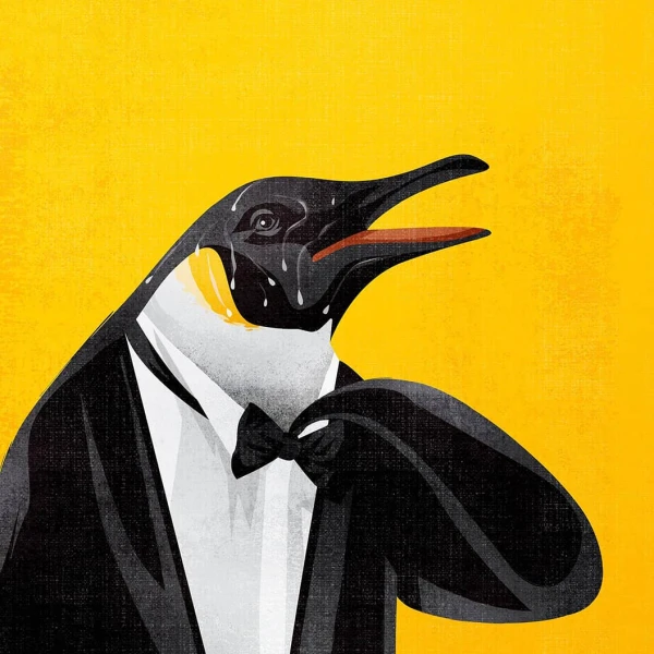 Illustration of a penguin dressed in a tuxedo and sweating profusely