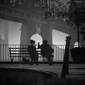 Illustration of a couple smoking a joint while sitting on a bench in front of the Brooklyn Bridge. Illustration by Benedetto Cristofani, Lifestyle, 