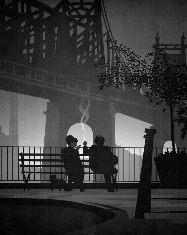 Illustration of a couple smoking a joint while sitting on a bench in front of the Brooklyn Bridge