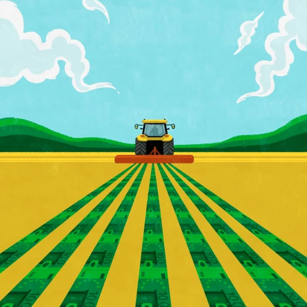 Graphic illustration a large harverster that is plowing through a field and uncovering green currency.