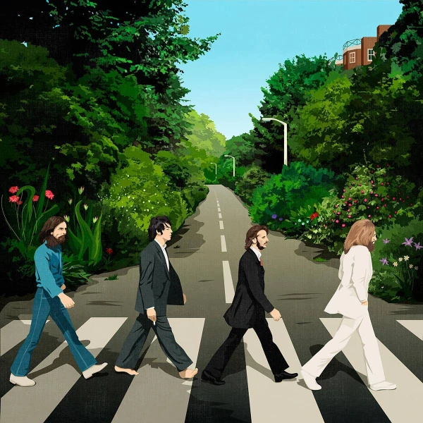 Illustration of the Beatles’s Abbey Road album but the background is lush, greenery