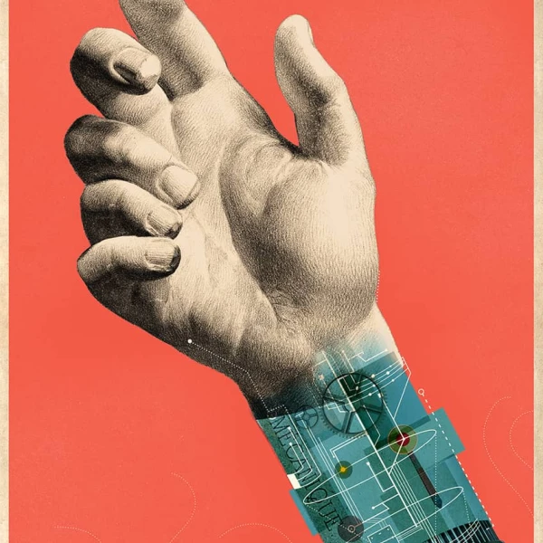 Illustration of a collaged hand with 6 fingers with a robotic arm