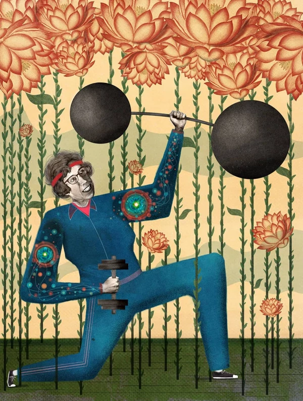 Illustration of an older woman dressed in a blue jumpsuit holding a large barbell and a handweight amid a floral background.