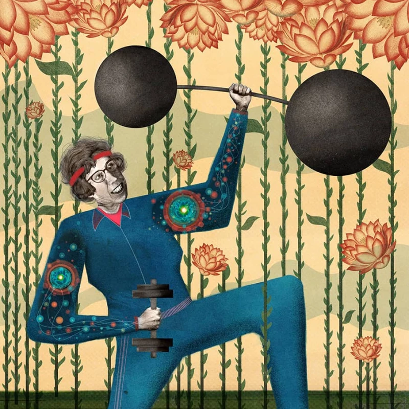 Illustration of an older woman dressed in a blue jumpsuit holding a large barbell and a handweight amid a floral background.. Illustration by Charlie Padgett, Whimsical, 