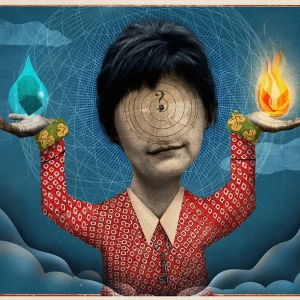 Illustration of a woman with no eyes, just a graphic question mark on her face. Her hands are outstretched and holding aloft a blue drop and a red flame. Illustration by Charlie Padgett, Conceptual, 