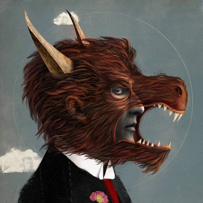 Illustration of a man whose face is overlayed by a growling, furry, horned animal. Illustration by Charlie Padgett, Conceptual, 