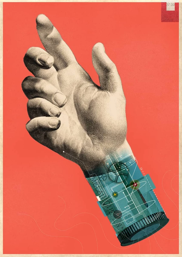 Illustration of a collaged hand with 6 fingers with a robotic arm