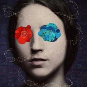 Illustration of a young woman with collaged red and blue circles placed on her eyes, surrounded by DNA strands. Illustration by Charlie Padgett, Figurative, Lifestyle, Conceptual, 