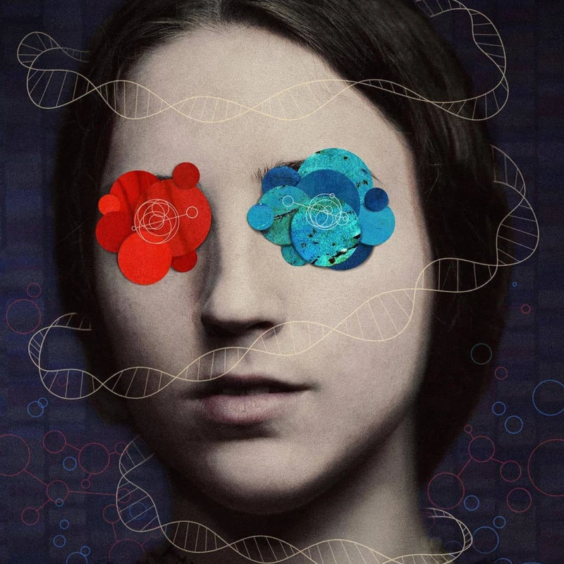 Illustration of a young woman with collaged red and blue circles placed on her eyes, surrounded by DNA strands. Illustration by Charlie Padgett, Figurative, Lifestyle, Conceptual, 