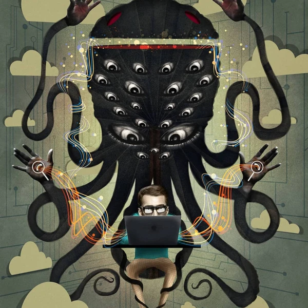 Illustration of a giant tentacled monster with many eyes, peering over the shoulder of a man on a laptop.