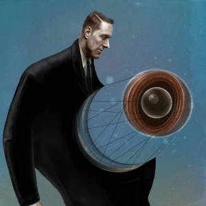 Illustration of a man in a suit and a huge chunk of his torso is detatched and orbitting above him. Illustration by Charlie Padgett, Conceptual, 