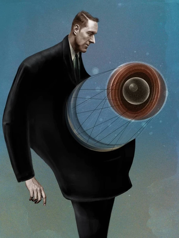 Illustration of a man in a suit and a huge chunk of his torso is detatched and orbitting above him