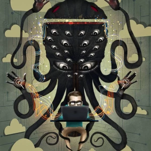 Illustration of a giant tentacled monster with many eyes, peering over the shoulder of a man on a laptop.. Illustration by Charlie Padgett, Conceptual, 