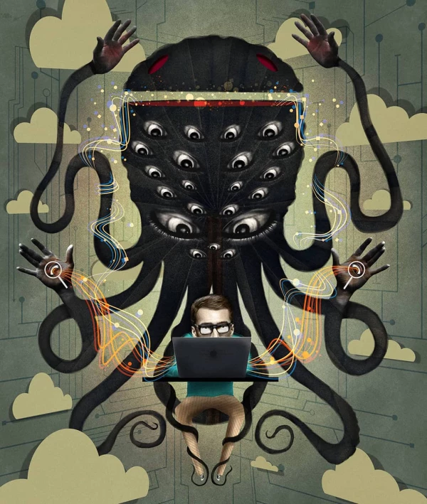 Illustration of a giant tentacled monster with many eyes, peering over the shoulder of a man on a laptop.