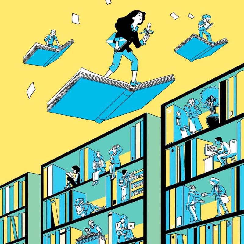 Graphic illustration of students riding on flying books and students working and studying on bookshelves. Illustration by Chuan Ming Ong, Conceptual, Lifestyle, Whimsical, 