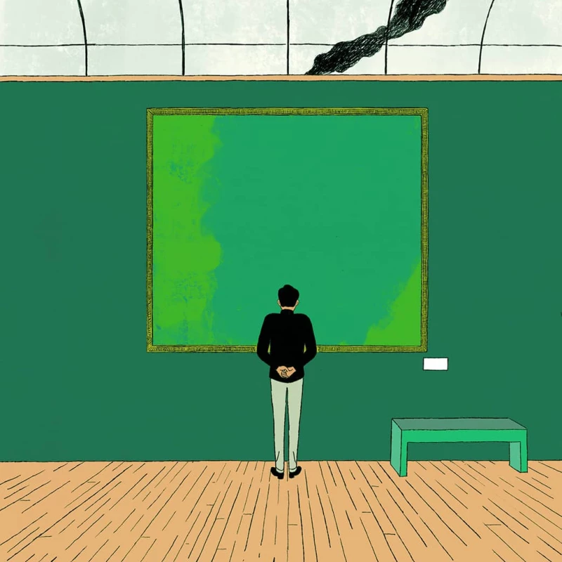 Illustration of a person standing in a museum in front of a green painting with a billowing black cloud in the background.. Illustration by Chuan Ming Ong, Conceptual, 